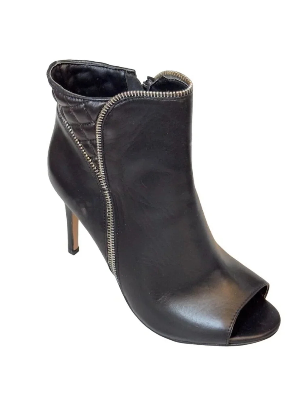 Halogen Black Leather Open-Toe Stiletto Ankle Boots With Zipper Detail Size 8M